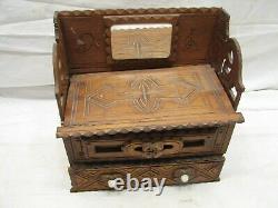 Early Carved Wooden Tramp Art Dresser Trinket Music Box Wood Cigar Folk Keepsake