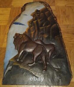Early Folk Art Carved Wood Lions Plaque, Louisiana, Southern Black, Naive