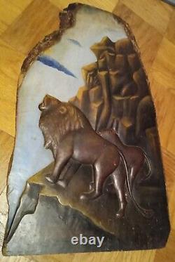 Early Folk Art Carved Wood Lions Plaque, Louisiana, Southern Black, Naive