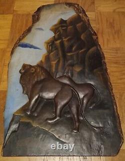 Early Folk Art Carved Wood Lions Plaque, Louisiana, Southern Black, Naive