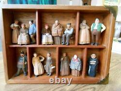 Early German Folk Art Carved Wood Villagers in Shadow Box 14 Pc Vicar Constable