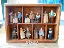 Early German Folk Art Carved Wood Villagers in Shadow Box 14 Pc Vicar Constable