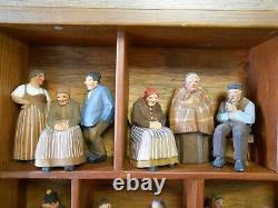 Early German Folk Art Carved Wood Villagers in Shadow Box 14 Pc Vicar Constable