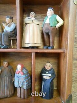Early German Folk Art Carved Wood Villagers in Shadow Box 14 Pc Vicar Constable