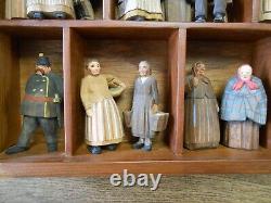 Early German Folk Art Carved Wood Villagers in Shadow Box 14 Pc Vicar Constable