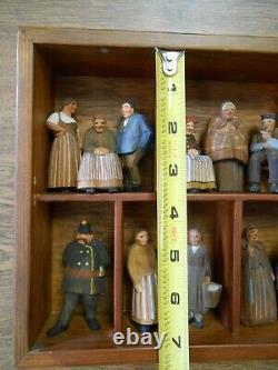 Early German Folk Art Carved Wood Villagers in Shadow Box 14 Pc Vicar Constable