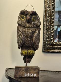 Early Vintage Owl Decoy -Signed- Hand Carved and Painted Folk Art Primitive Bird