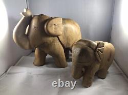 Elephant Figurines- Folk Art Carvings Primitive- Hand Carved Hardwood