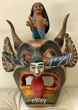 Exceptional Large Antique Carved Wood Folk Art Hand Made & Painted Figures Mask