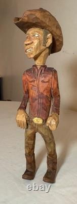 Exquisite signed hand carved wood Folk Art man cowboy sculpture statue figure
