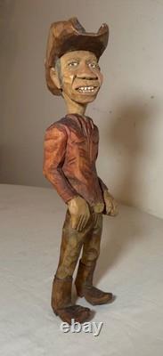 Exquisite signed hand carved wood Folk Art man cowboy sculpture statue figure
