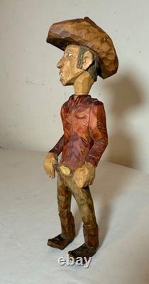 Exquisite signed hand carved wood Folk Art man cowboy sculpture statue figure