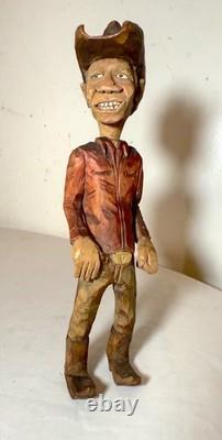 Exquisite signed hand carved wood Folk Art man cowboy sculpture statue figure