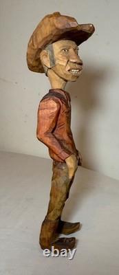 Exquisite signed hand carved wood Folk Art man cowboy sculpture statue figure