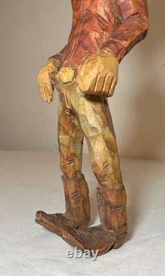 Exquisite signed hand carved wood Folk Art man cowboy sculpture statue figure