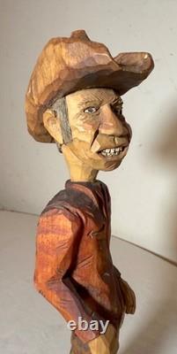 Exquisite signed hand carved wood Folk Art man cowboy sculpture statue figure