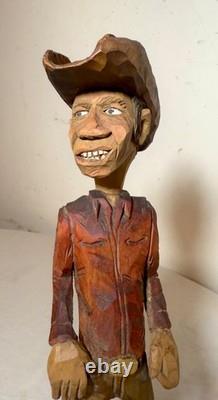 Exquisite signed hand carved wood Folk Art man cowboy sculpture statue figure