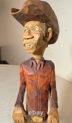 Exquisite signed hand carved wood Folk Art man cowboy sculpture statue figure