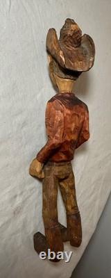 Exquisite signed hand carved wood Folk Art man cowboy sculpture statue figure
