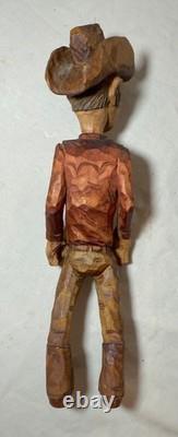 Exquisite signed hand carved wood Folk Art man cowboy sculpture statue figure