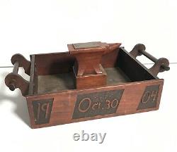 Extraordinary Early 20th C FOLK ART CARVED OAK ANVIL HANDLED BOX, DATED 1904/1919