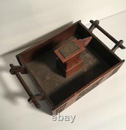 Extraordinary Early 20th C FOLK ART CARVED OAK ANVIL HANDLED BOX, DATED 1904/1919