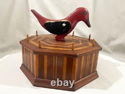 FOLK ART CARVED BIRD INLAID WOOD SEWING BOX 1950s