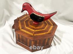 FOLK ART CARVED BIRD INLAID WOOD SEWING BOX 1950s