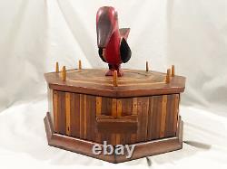 FOLK ART CARVED BIRD INLAID WOOD SEWING BOX 1950s