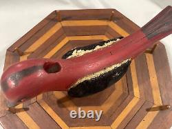 FOLK ART CARVED BIRD INLAID WOOD SEWING BOX 1950s