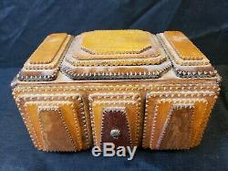 FOLK ART Chip Carved Wood TRAMP ART Trinket Jewelry Box with Drawer Vtg Americana