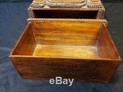 FOLK ART Chip Carved Wood TRAMP ART Trinket Jewelry Box with Drawer Vtg Americana