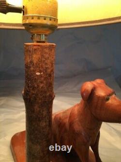 FOLK ART Hand Carved Dog Table Lamp/ 14&1/2 Tall/ Clip on Shade/ Unique