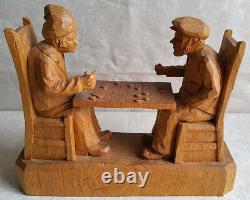 FORTIN Carved Wood Group Sculpture Checkers Game Statue Quebec Folk Art Canada