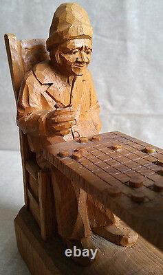 FORTIN Carved Wood Group Sculpture Checkers Game Statue Quebec Folk Art Canada