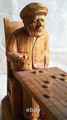 FORTIN Carved Wood Group Sculpture Checkers Game Statue Quebec Folk Art Canada