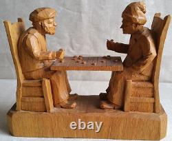 FORTIN Carved Wood Group Sculpture Checkers Game Statue Quebec Folk Art Canada