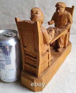 FORTIN Carved Wood Group Sculpture Checkers Game Statue Quebec Folk Art Canada
