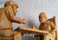 FORTIN Carved Wood Group Sculpture Checkers Game Statue Quebec Folk Art Canada