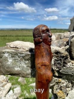 Fabulous 19th Century Folk Art Hedgerow Walking Cane With Carved Head & Horn Tip