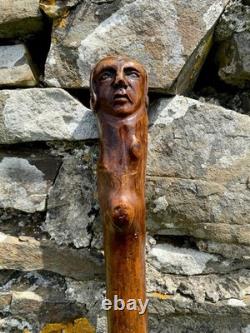 Fabulous 19th Century Folk Art Hedgerow Walking Cane With Carved Head & Horn Tip
