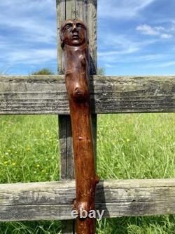 Fabulous 19th Century Folk Art Hedgerow Walking Cane With Carved Head & Horn Tip
