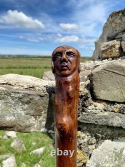 Fabulous 19th Century Folk Art Hedgerow Walking Cane With Carved Head & Horn Tip
