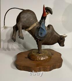 Fantastic Vintage American Folk Art Carving Of A Cowboy Rodeo Bull Rider