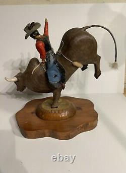 Fantastic Vintage American Folk Art Carving Of A Cowboy Rodeo Bull Rider