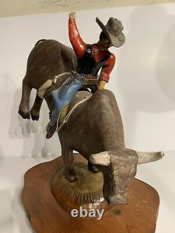 Fantastic Vintage American Folk Art Carving Of A Cowboy Rodeo Bull Rider