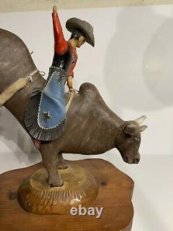 Fantastic Vintage American Folk Art Carving Of A Cowboy Rodeo Bull Rider