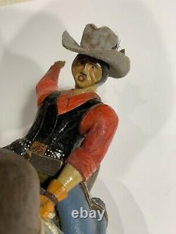 Fantastic Vintage American Folk Art Carving Of A Cowboy Rodeo Bull Rider