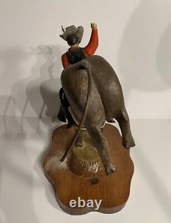 Fantastic Vintage American Folk Art Carving Of A Cowboy Rodeo Bull Rider