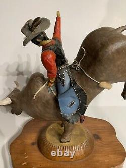 Fantastic Vintage American Folk Art Carving Of A Cowboy Rodeo Bull Rider